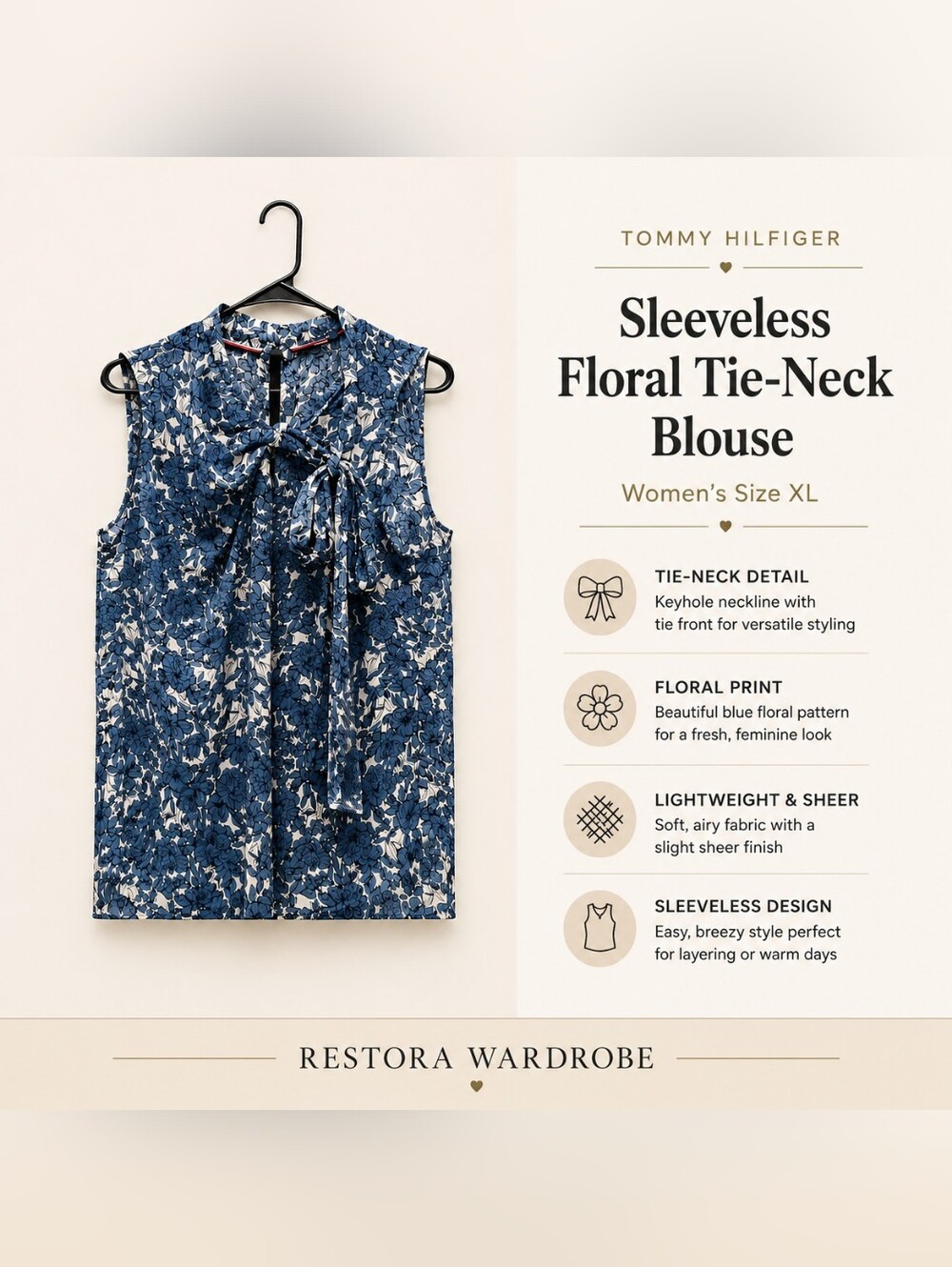 Tommy Hilfiger Preppy Blue Floral Tie Neck Sleeveless Blouse XL